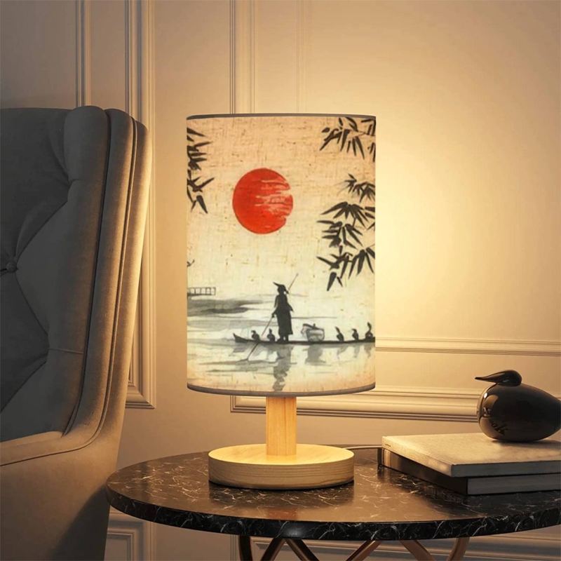 Japanese Style Table Lamp with Sumi-e Art Landscape Print Shade