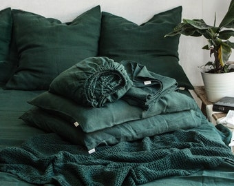 Jungle Green Linen Bedding Set | Dark Green Textured Earthy Bedroom Decor