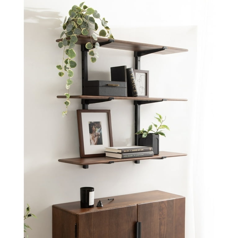 Kate and Laurel Atwood Three-Tiered Adjustable Mango Wood Wall Shelf, 32 x  10 x 30, Walnut Brown and Black, Modular Shelving Unit and Wall Organizer  ...