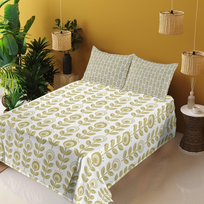 Khaki Sheet Set Scandinavian Floral Motif Monochrome Modern Farmhouse