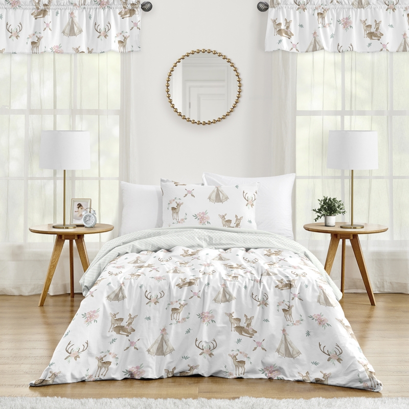 Kids Bedding Set Boho Watercolor Deer Mint and Pink Nursery