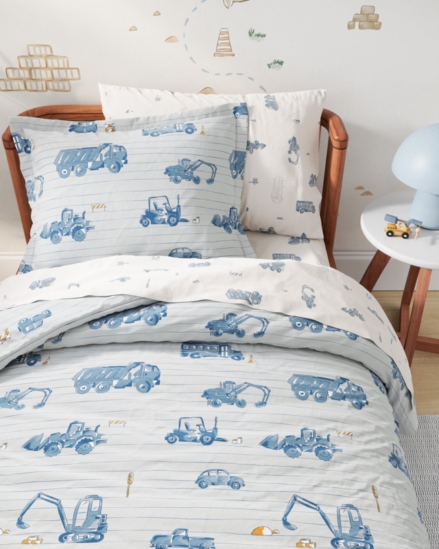 Kids Bedding Set Road Work Motif Slatted Wood Playful Nursery