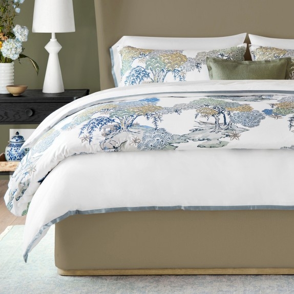 King Pillow Sham, Navy Blue Arboreal Tree Print with Contrast Piping