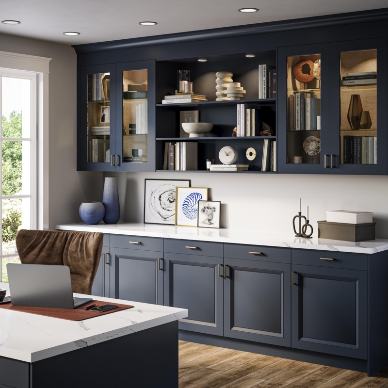 Kitchen Base Cabinet: Midnight Blue Finish with Tiered Pull-Out Drawer.