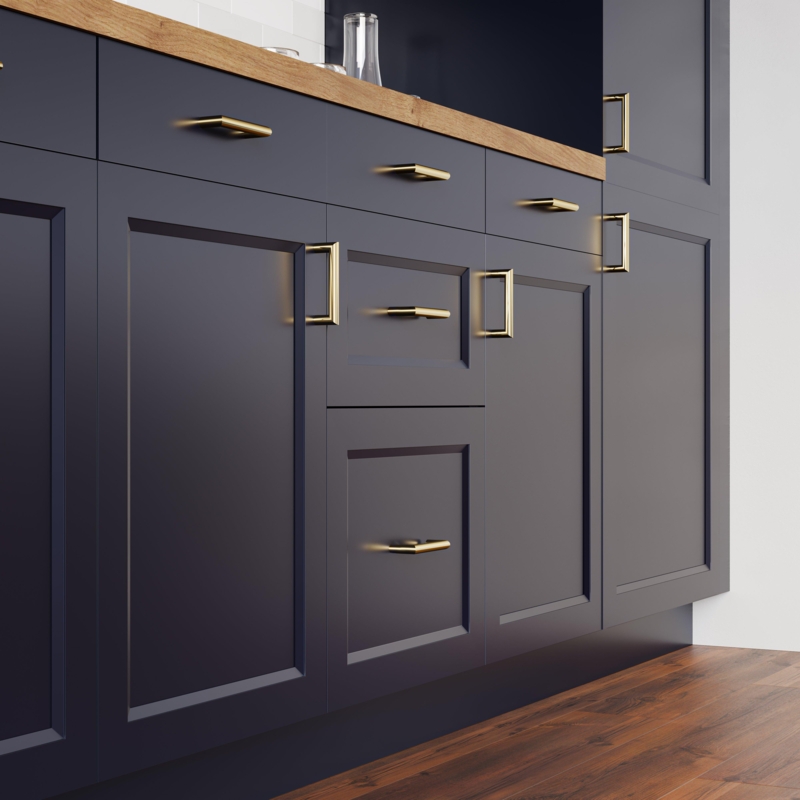 Kitchen Base Cabinet: Midnight Blue, Internal Sliding Tray, Wood Interior.