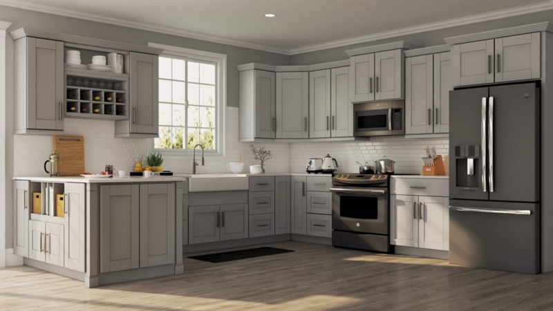 Kitchen Cabinet Gray Shaker White Veined Countertop Matte Black Hardware