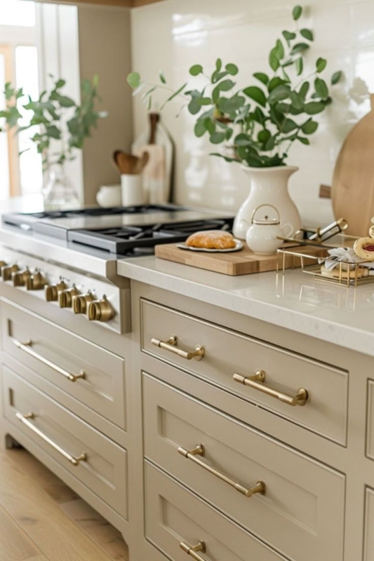 Kitchen Cabinetry: Creamy Beige Palette with Ribbed Wood Island Detail