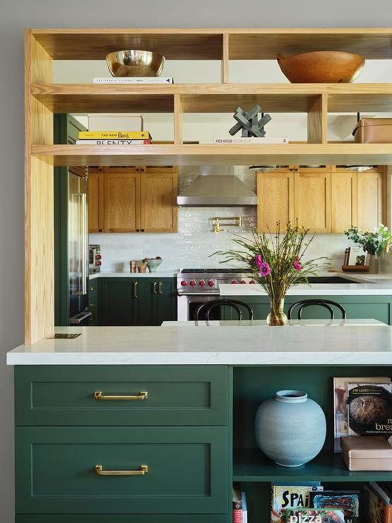 Kitchen Cabinetry Deep Green Shaker Marble Backsplash Transitional