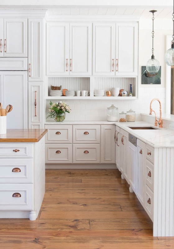 Kitchen Cabinetry: Transitional Kitchen with Navy Island & Warm Hardware