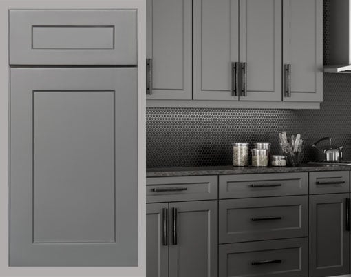 Kitchen Cabinets Gray Shaker Marble Match Backsplash Stainless Bar Pulls