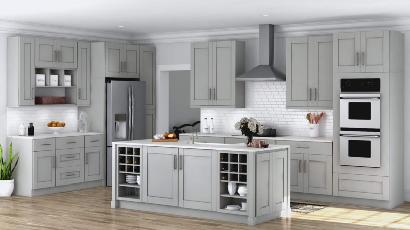 Kitchen Cabinets Gray Shaker Square Tile Backsplash Brass Hardware Pairing