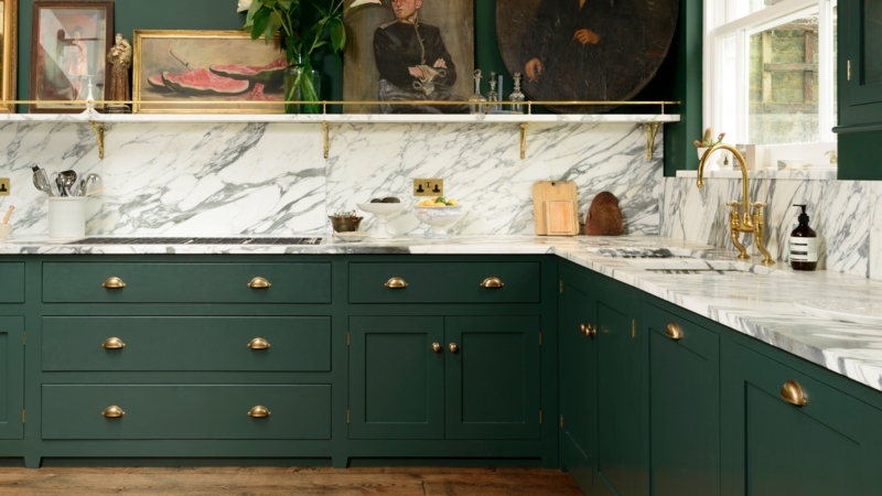 Kitchen Cabinets Muted Green Shaker Thick Slab Backsplash Traditional