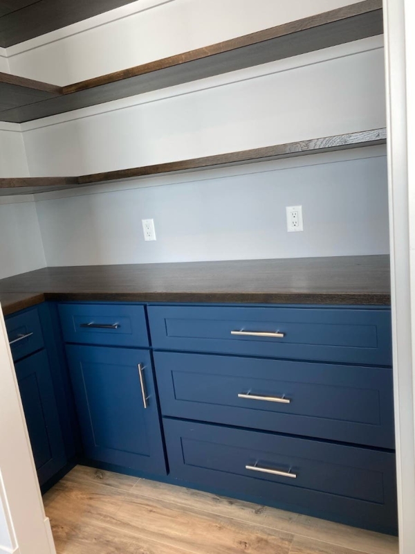 Kitchen Pantry Cabinets: Navy Shaker Style with Integrated Crown Molding.