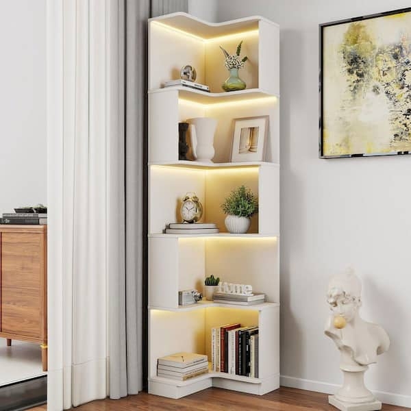L-Shaped Corner Bookshelf Five Tier with Integrated LED Lighting