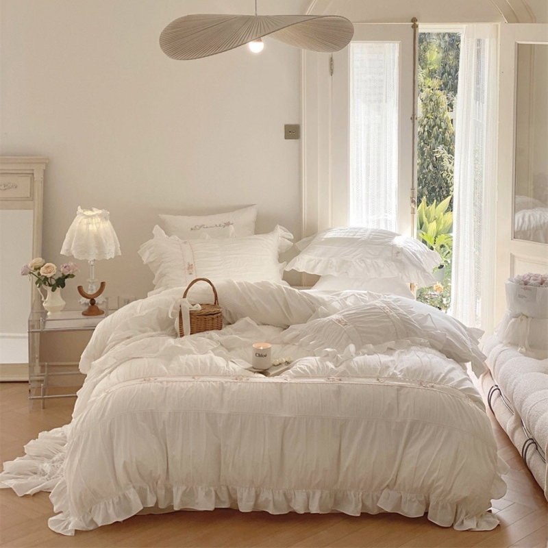 Lace Embroidery Bedding Set Ruffle Trim Romantic Shabby Chic Tiered