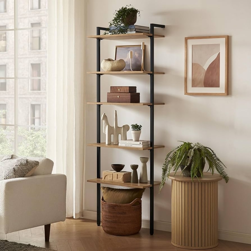 Ladder Bookshelf: 5-Tier Ladder Silhouette Dark Wood Black Metal, Industrial Decor