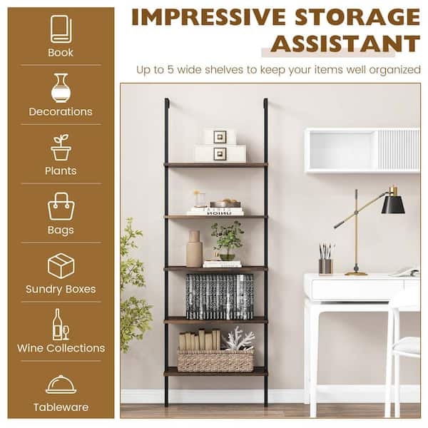 Ladder Shelf Wall Mounted 5-Tier Brown Wood Toned Shelves