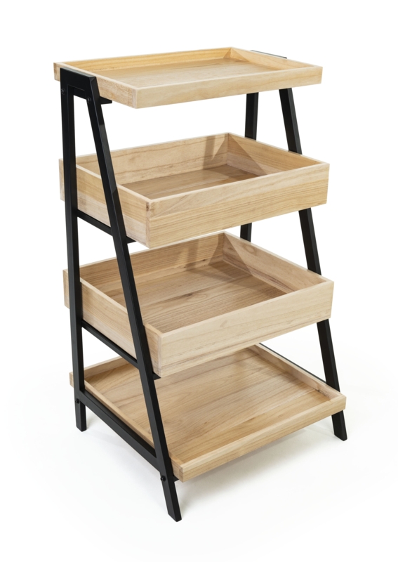 Ladder Style Display Stand: Wood Trays & Matte Black Frame.
