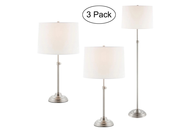 Lamp Set 3-Piece Adjustable Height Brushed Silver Finish White Shades