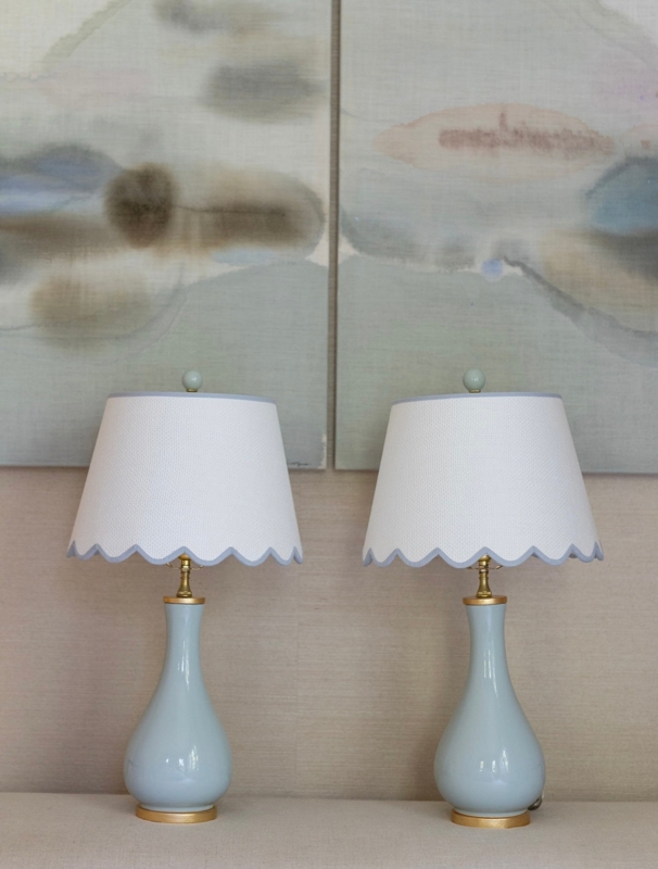 Lampshade: White Fabric Empire Shape, Blue Contrast Trim, Scalloped Edge
