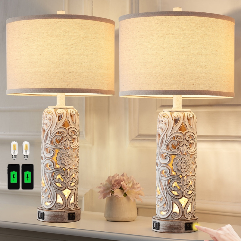 Lantern Base Table Lamps with USB Port, Farmhouse Style.