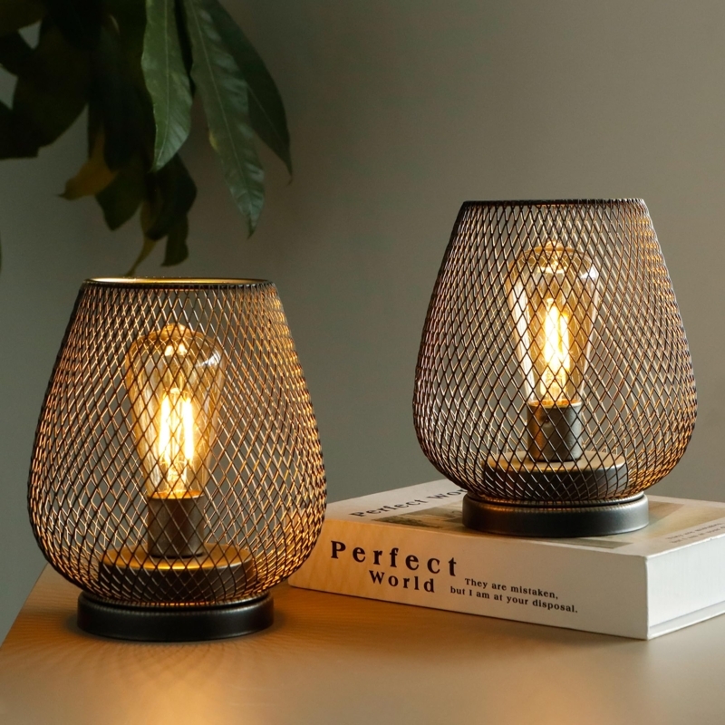 Lantern Bronze Mesh Teardrop Shape Cordless Tabletop Ambient Lighting