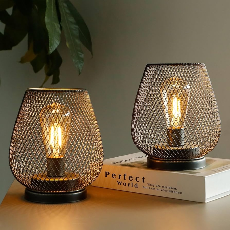 Lantern Table Lamps Cordless Bronze Metal Cage Edison Bulb Battery Powered