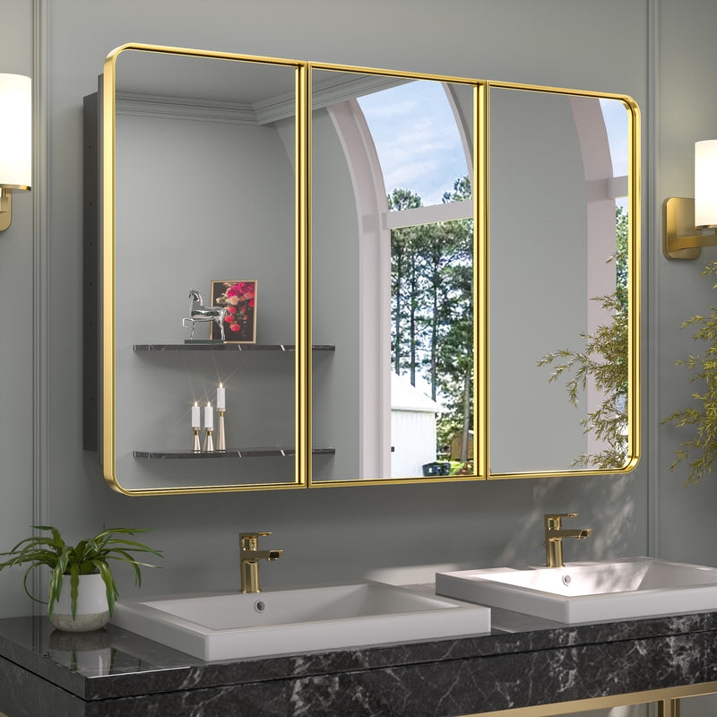 Large Matte Black Medicine Cabinet, Three Door Mirrored Wall Storage.