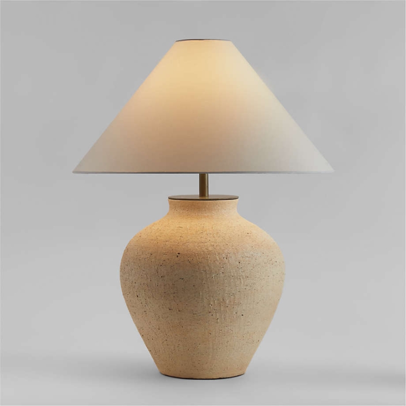 Large Organic Modern Table Lamp: Pitted Stone-Like Base, Tapered Shade