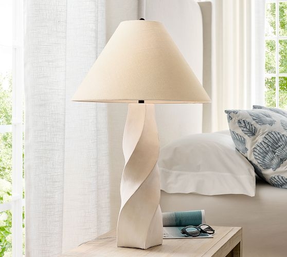 Large Table Lamp Twisted Ceramic Base Matte Cream Finish Organic Modern