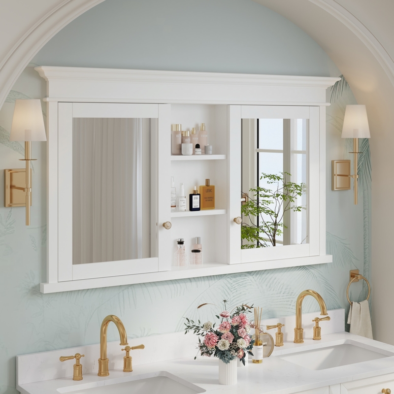 Large White Medicine Cabinet, Triple Door Design with Adjustable Shelves.