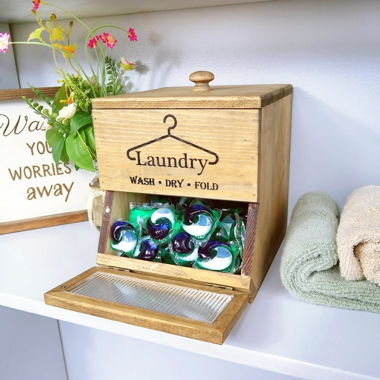 Laundry Pod Holder with Hinged Lid and Typography Label