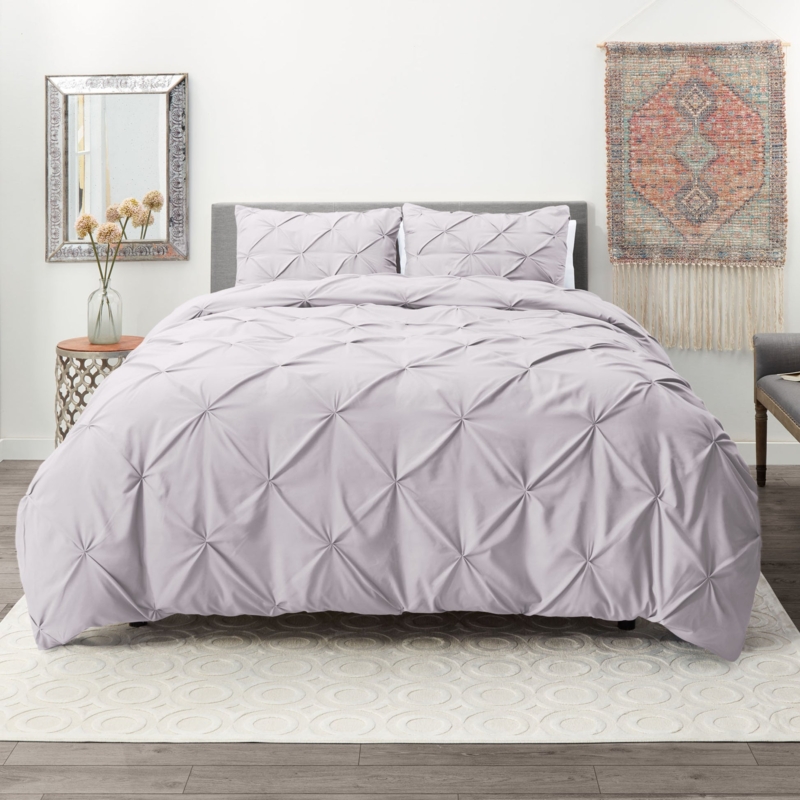 Lavender Grey Pinch Pleated Duvet Cover Set, Diamond Textured Bedding.