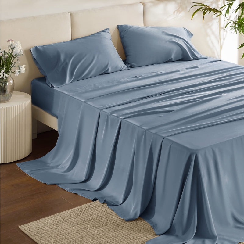 Light Blue Sheet Set Silky Sheen Mineral Hue Folded Cuff