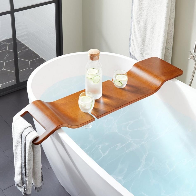Light Brown Wood Tub Caddy with Slotted Base & Wine Glass Holder