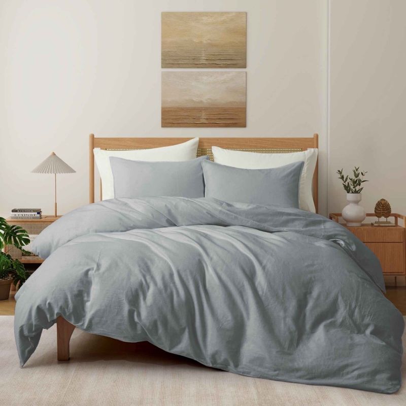 Light Gray Duvet Cover Set Linen Blend Woven Texture Earthy