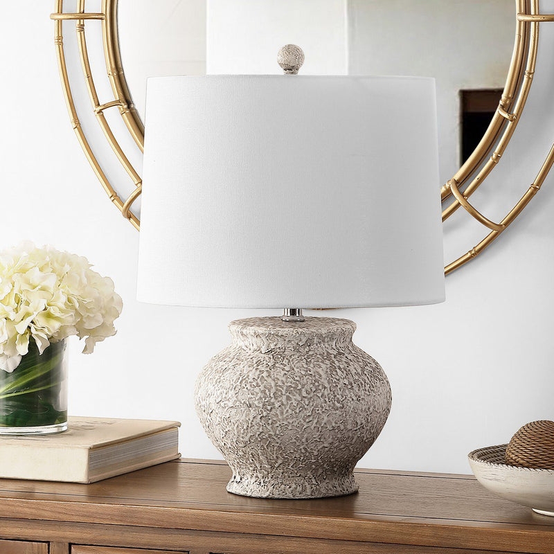 Light Grey Resin Table Lamp, Pitted Stone Look Texture.