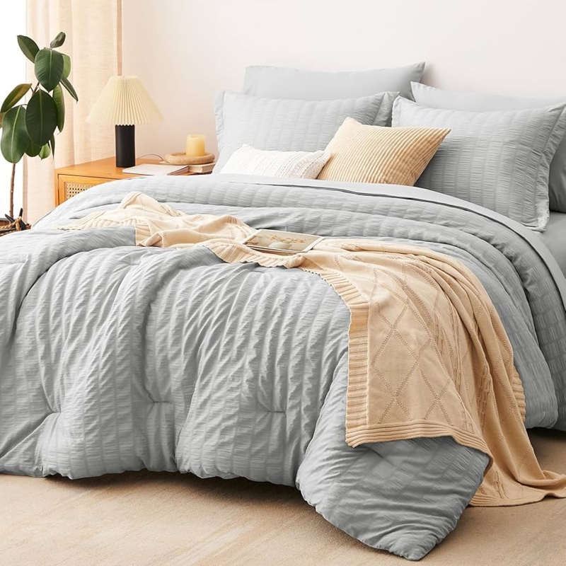 Light Grey Seersucker Comforter Set, with Sheets, Minimalist