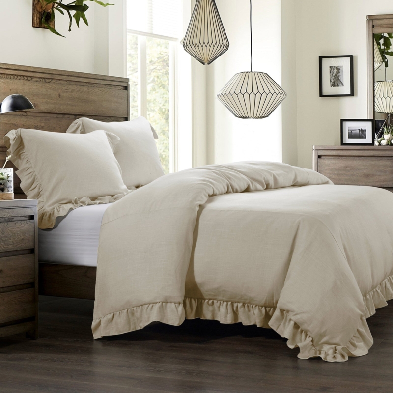 Light Tan Ruffled Linen Duvet Set, French Country Shabby Chic Style