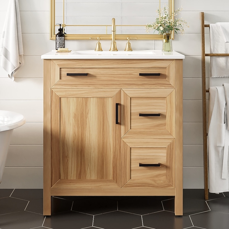 Light Wood Vanity Cabinet, Black Hardware, Asymmetric Storage