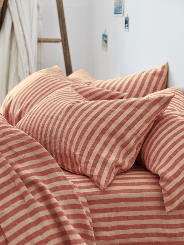 Linen Blend Pillowcase: Sandstone Red Stripes, Rustic Bedroom Decor