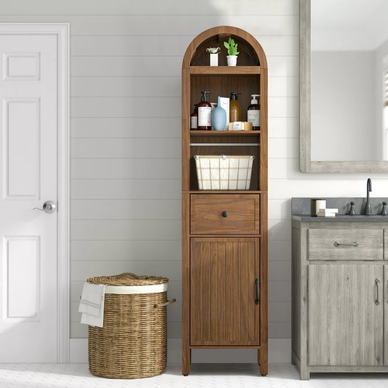 Linen Cabinet Arched Top, Glass Doors Coastal Transitional Storage