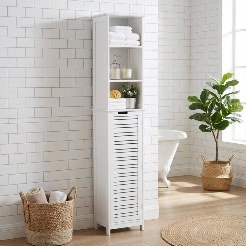 Linen Cabinet Coastal Style with Vented Door and Slim Profile.