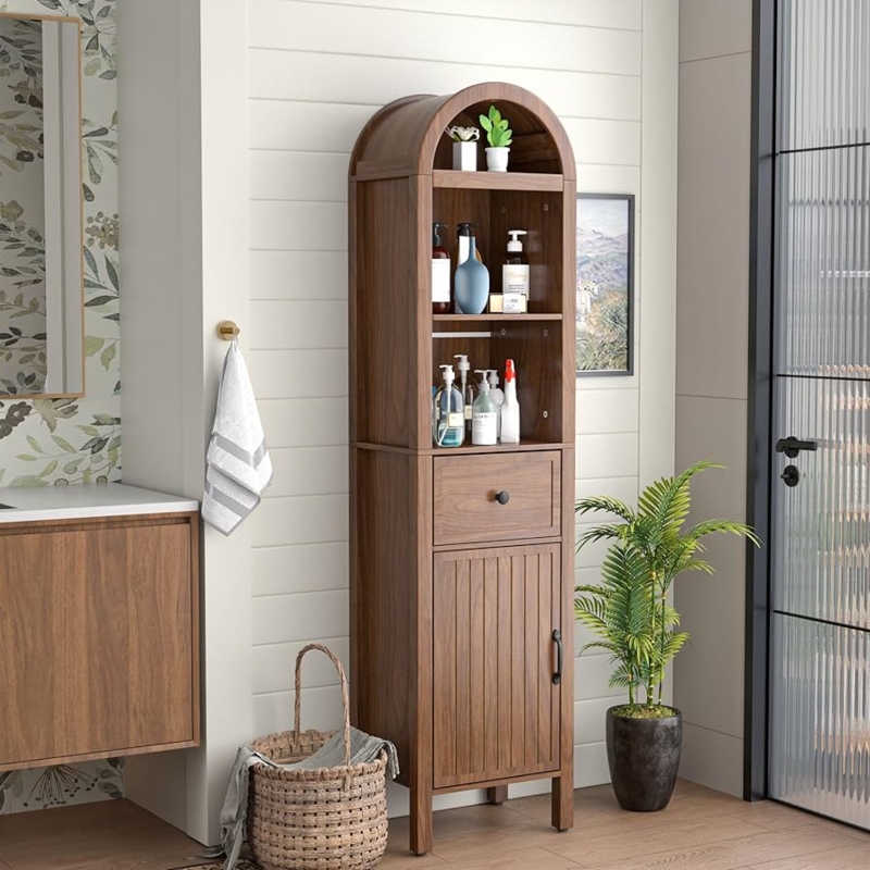 Linen Cabinet Fluted Doors, Walnut Finish, Arched Top, Narrow Silhouette