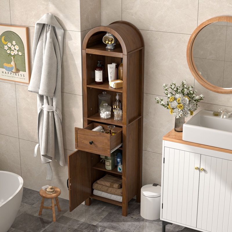 Linen Cabinet Fluted Doors, Walnut Finish Mid-Century Modern Storage