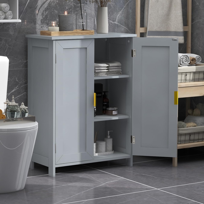 Linen Cabinet Freestanding Recessed Panel Doors Open Compartment