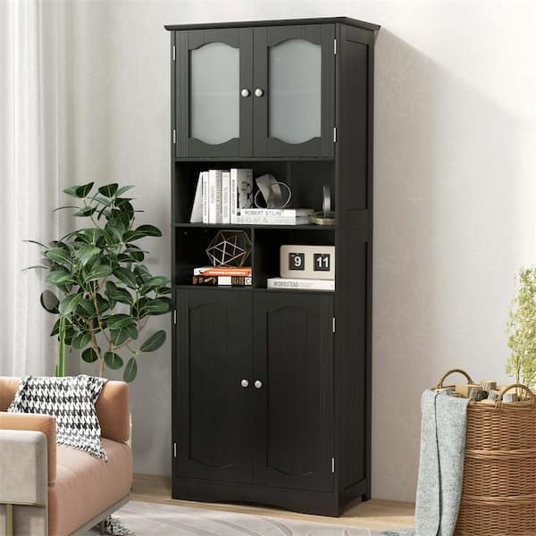 Linen Cabinet Matte Black Finish, Louvered Door, Open Shelving, Tall