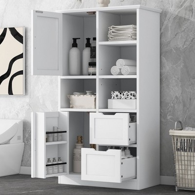 Linen Cabinet Modern Farmhouse with Glass Doors and Black Knobs.