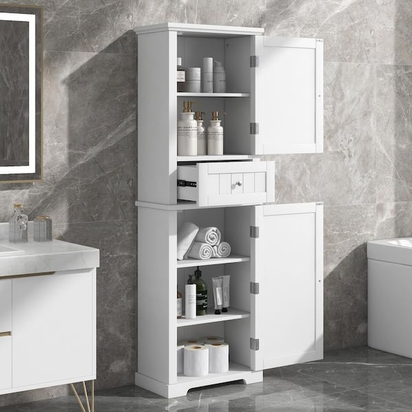 Linen Cabinet Narrow Profile White with Glass Paneled Door Storage