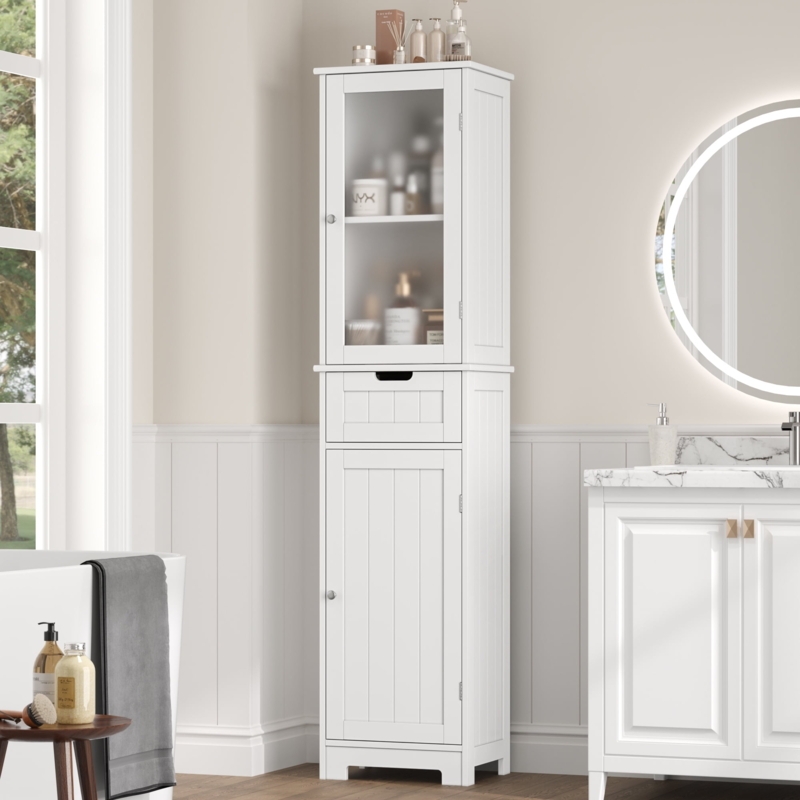 Linen Cabinet Narrow Profile with Storage Drawer, Tall Tower Unit.